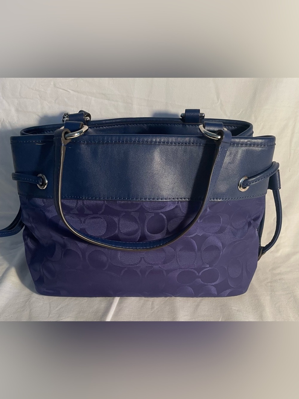 Coach Blue Signature Shoulder Purse / Hand Bag with Leather Trim - Picture 3 of 15